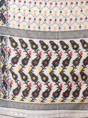 Off White & Black cotton blend floral design jamdani saree