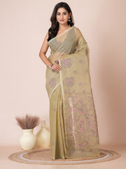 Green & Pink pure cotton Kantha work woven design handloom saree