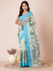 Pista Green & Sky Blue pure cotton Shakuntala Print Taant saree