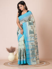 Pista Green & Sky Blue pure cotton Shakuntala Print Taant saree