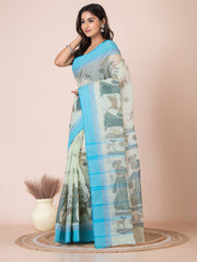 Pista Green & Sky Blue pure cotton Shakuntala Print Taant saree