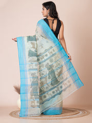 Pista Green & Sky Blue pure cotton Shakuntala Print Taant saree