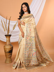 Beige & Multi Madhubani Printed Tussar Silk saree