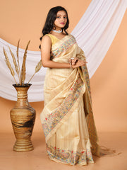 Beige & Multi Madhubani Printed Tussar Silk saree