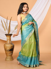 Green & Sky Blue tussar sequence silk saree