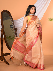 Beige & Multi thread embroided Tissue silk banarasi saree