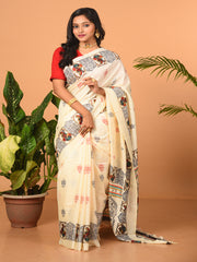 Off White & Multi printed semi pure silk saree