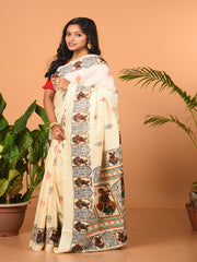 Off White & Multi printed semi pure silk saree