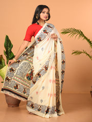Off White & Multi printed semi pure silk saree