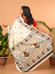 Off White & Multi printed semi pure silk saree