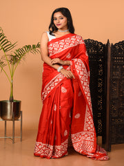 Red & White printed semi pure silk saree