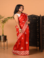 Red & White printed semi pure silk saree