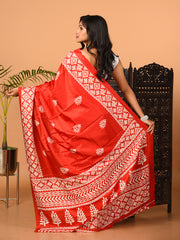 Red & White printed semi pure silk saree