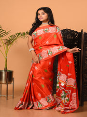 Red & Multi printed semi pure silk saree
