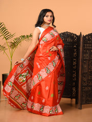 Red & Multi printed semi pure silk saree