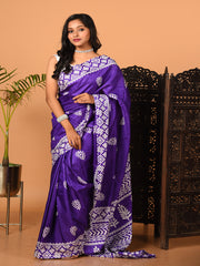 Purple & White printed semi pure silk saree