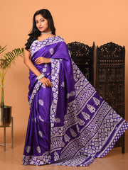 Purple & White printed semi pure silk saree