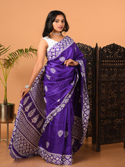 Purple & White printed semi pure silk saree