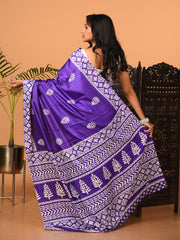 Purple & White printed semi pure silk saree