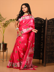 Pink & Multi printed semi pure silk saree
