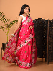 Pink & Multi printed semi pure silk saree