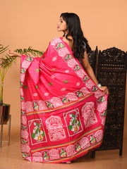Pink & Multi printed semi pure silk saree