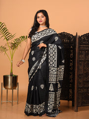 Black & White printed semi pure silk saree