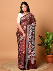 Laa Calcutta Maroon & White Kantha work silk blend saree