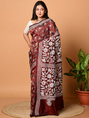 Laa Calcutta Maroon & White Kantha work silk blend saree
