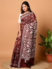 Laa Calcutta Maroon & White Kantha work silk blend saree