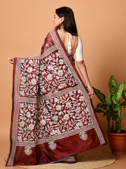 Laa Calcutta Maroon & White Kantha work silk blend saree