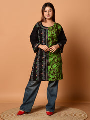Green & Black pure cotton batik kantha work kurti