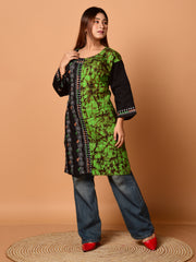 Green & Black pure cotton batik kantha work kurti