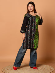 Green & Black pure cotton batik kantha work kurti