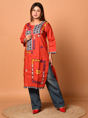 Rust & Multi pure cotton Kantha work  Kurti