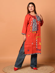 Rust & Multi pure cotton Kantha work  Kurti