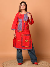 Red & Multi pure cotton Kantha work Kurti