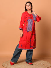 Red & Multi pure cotton Kantha work Kurti