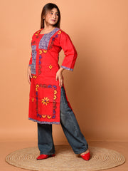 Red & Multi pure cotton Kantha work Kurti
