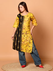 Yellow & Black pure cotton batik kantha work kurti