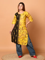 Yellow & Black pure cotton batik kantha work kurti