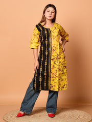 Yellow & Black pure cotton batik kantha work kurti