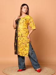 Yellow & Black pure cotton batik kantha work kurti