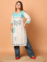 Off White & Sea Green pure cotton Kantha work  Kurti