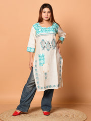 Off White & Sea Green pure cotton Kantha work  Kurti