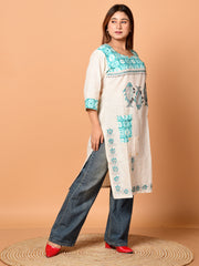 Off White & Sea Green pure cotton Kantha work  Kurti