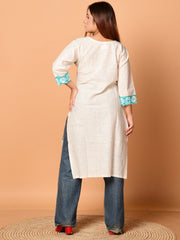 Off White & Sea Green pure cotton Kantha work  Kurti