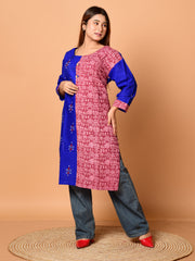 Blue & Multi pure cotton Kantha work Kurti