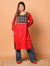Red & Multi pure cotton Kantha work  Kurti