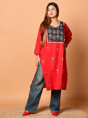 Red & Multi pure cotton Kantha work  Kurti